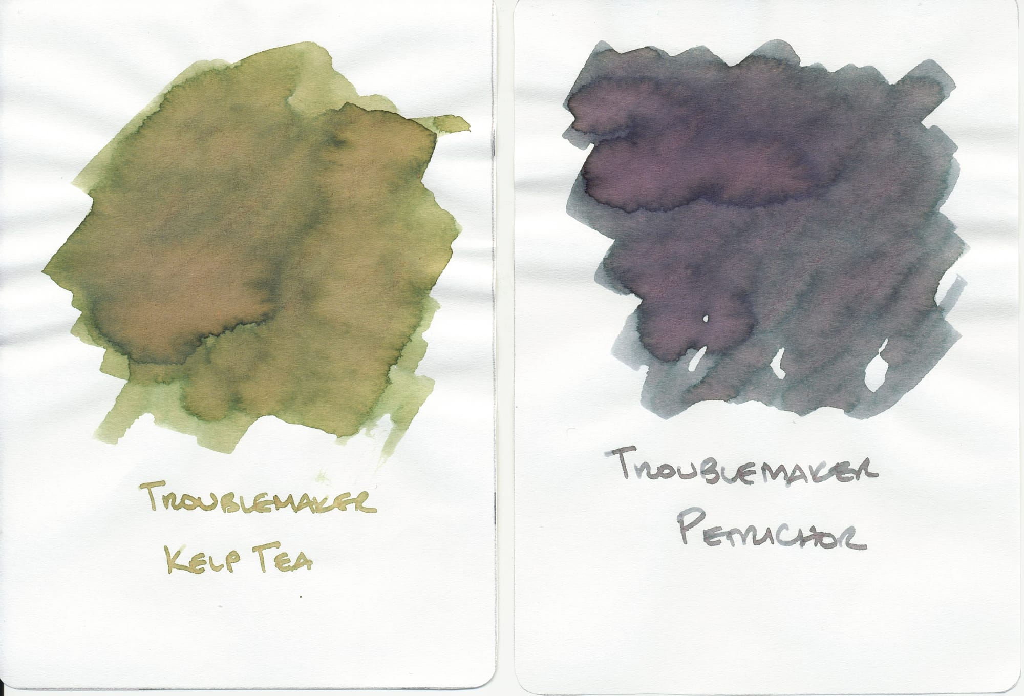 2 fountain pen ink swatch "cards" scanned side-by-side to show similarities to Colorverse Erebus Crater ink