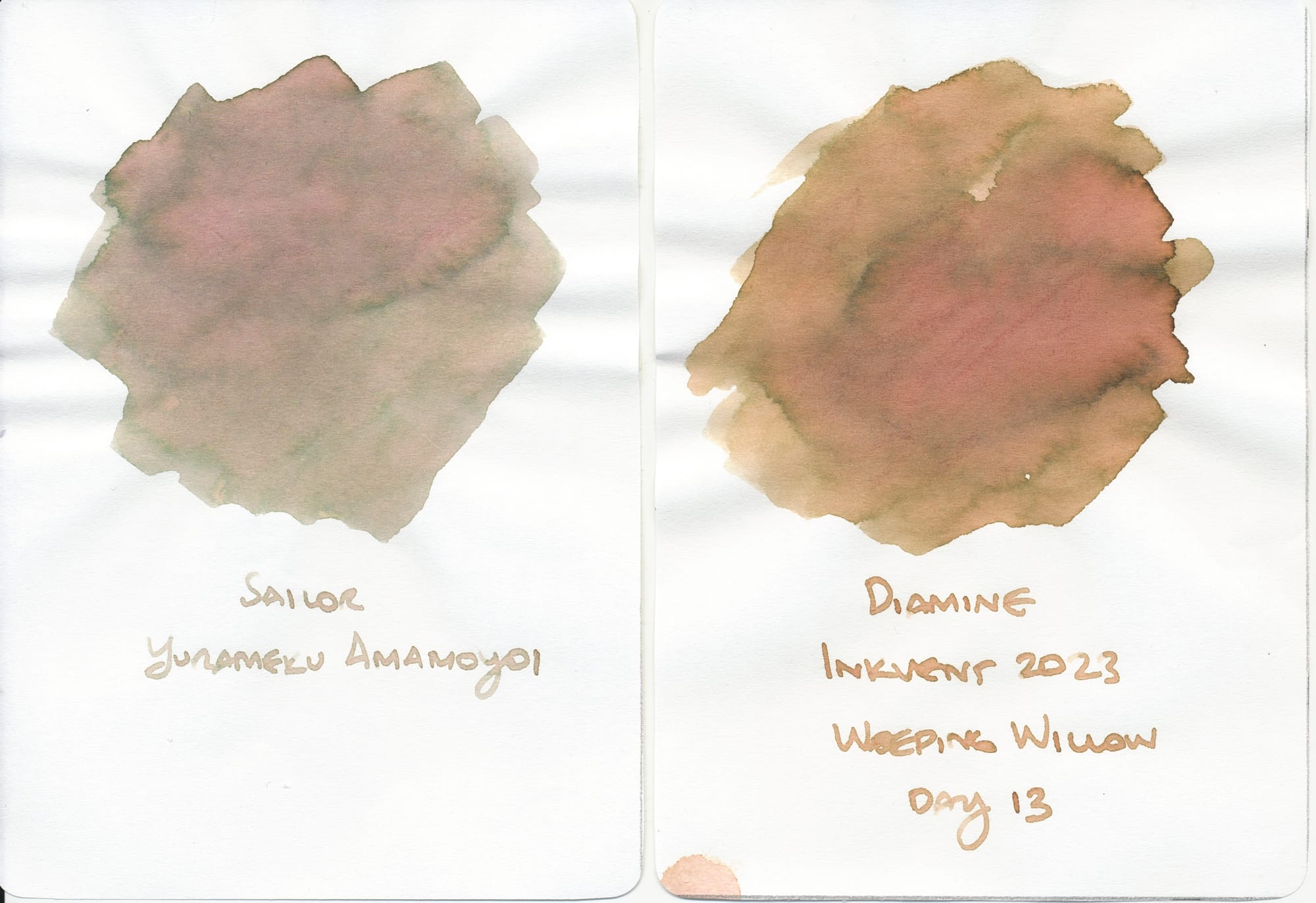 2 fountain pen ink swatch "cards" scanned side-by-side to show similarities to Colorverse Erebus Crater ink