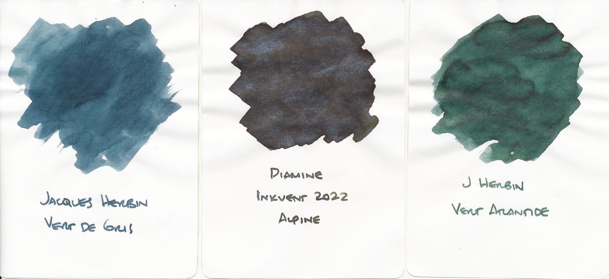 3 fountain pen ink swatches scanned side-by-side to show similarity to Diamine Fir & Fog