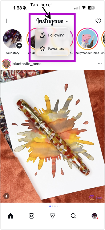 Screenshot of Instagram with a purple annotation box around the drop-down menu that appears when you tap on the Instagram logo