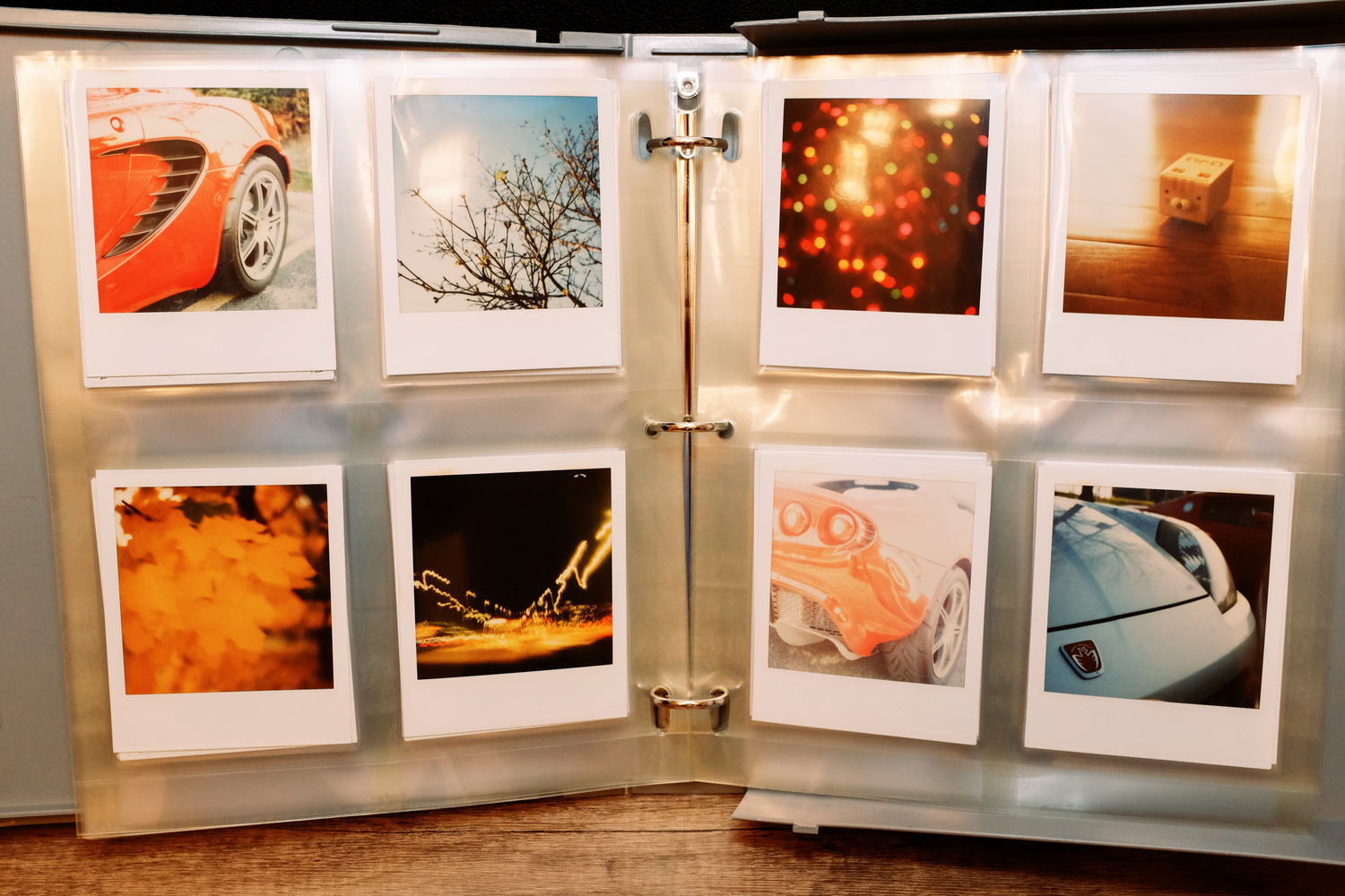 View of 2 plastic photo album sleeves showing 8 different Polaroid pictures of varying subjects