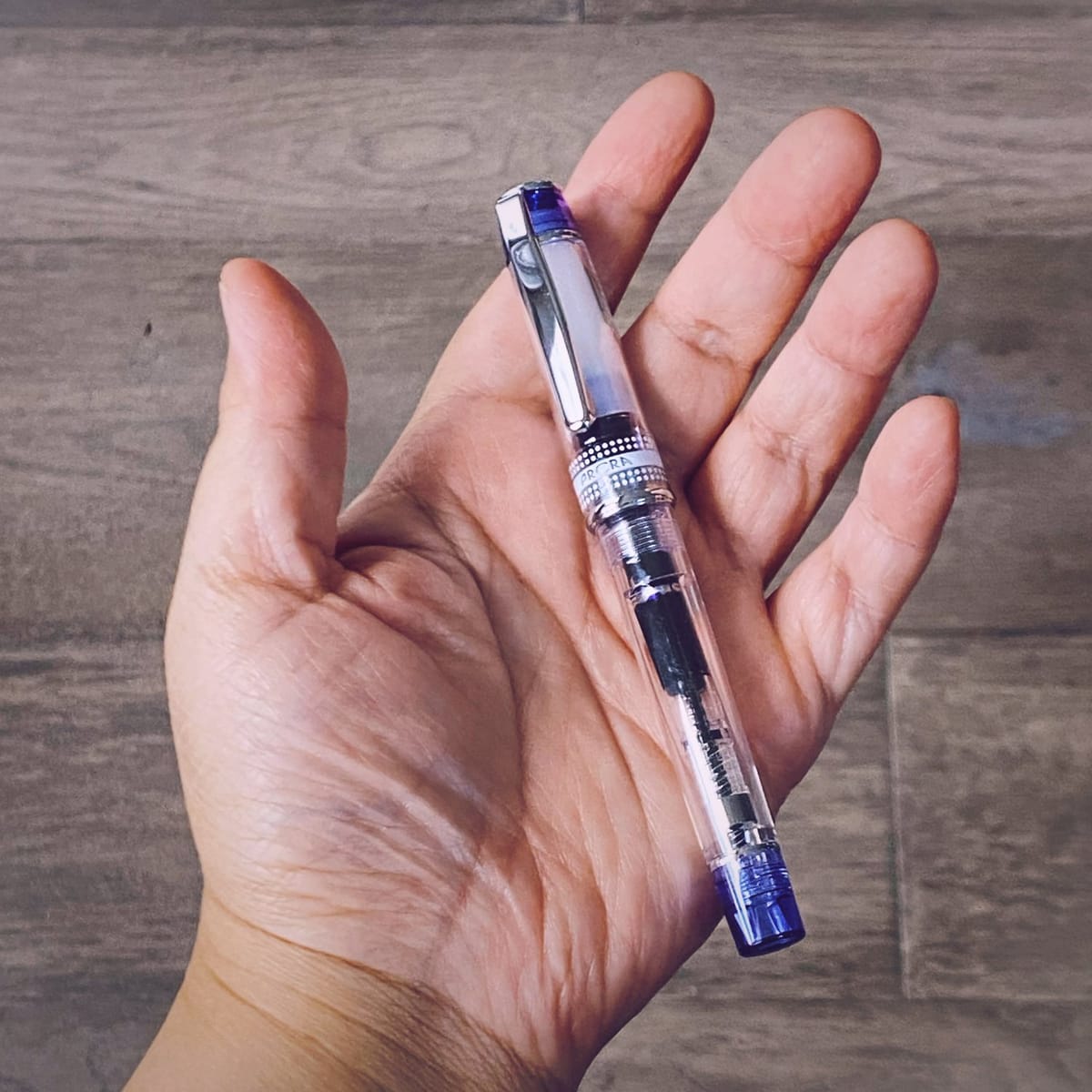 Image of a small, open hand holding a Pilot Prera fountain pen with a clear body and transparent blurple accents