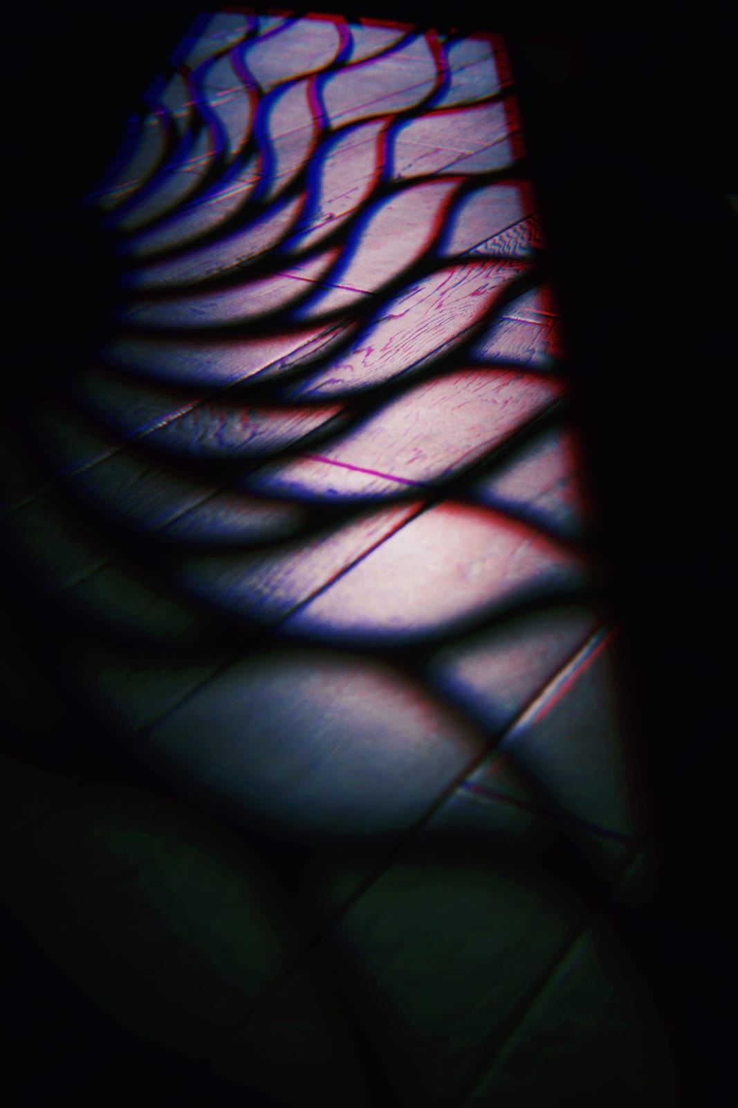 Abstract picture of a flower-shaped shadow with blue and red edges playing across a dark hardwood floor