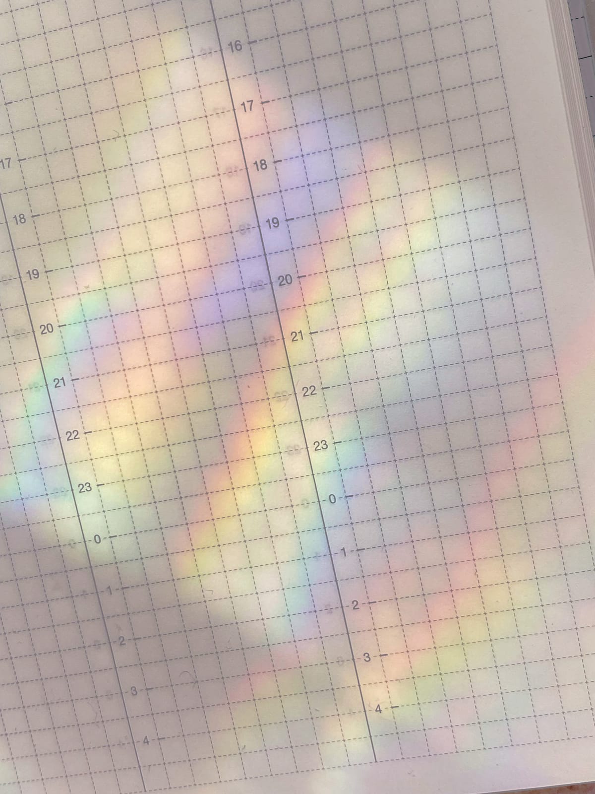 Rainbow lighting on a page of a Hobonichi HON planner with a timeline grid