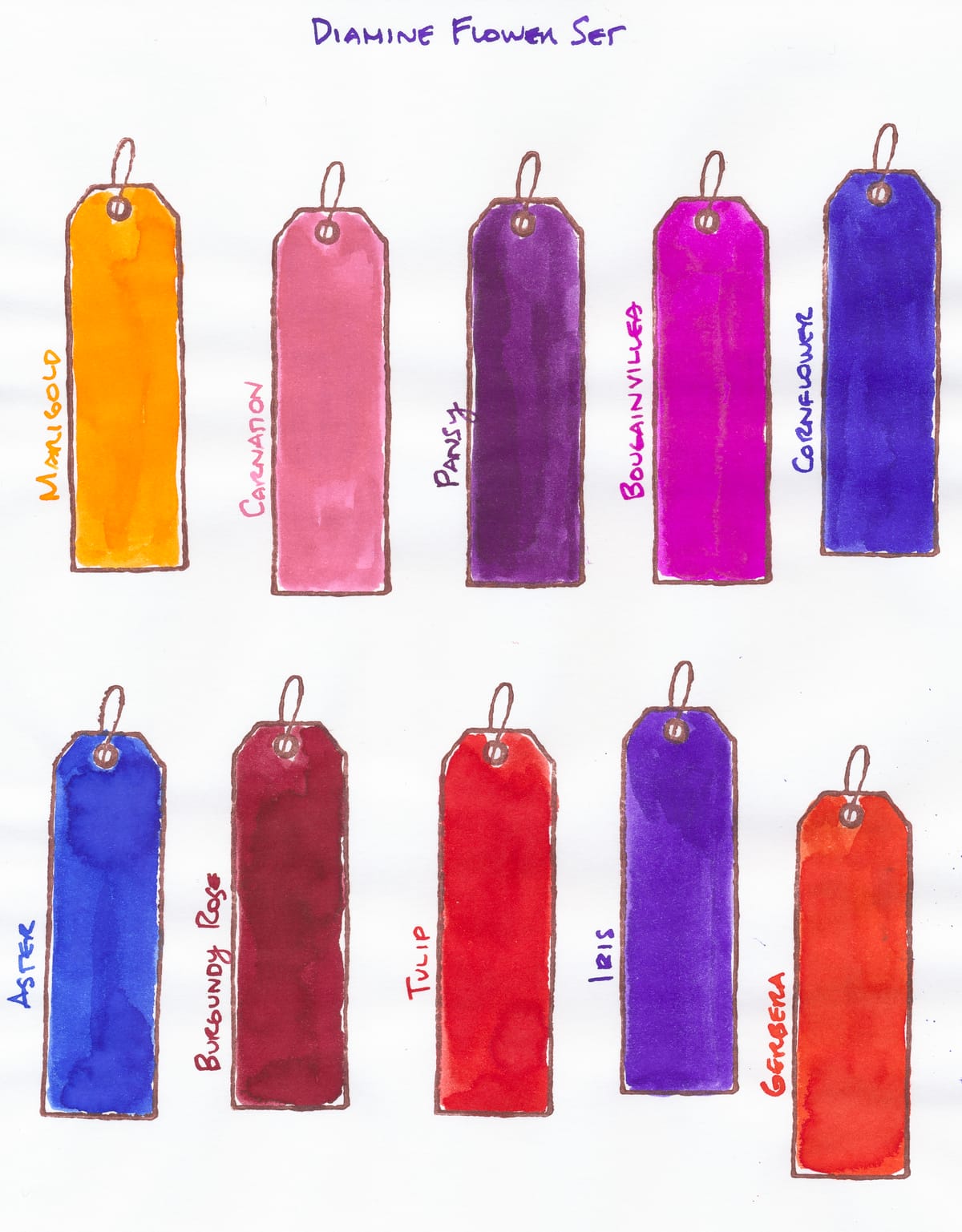 Scan of various fountain pen ink swatches painted into rubber stamp images of a paper tag on Rhodia paper