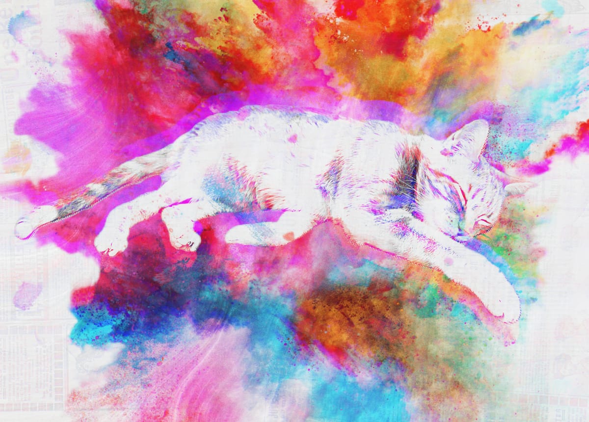 Artistic rendering of a cat laying down, watercolor splotches in the background and additional textures