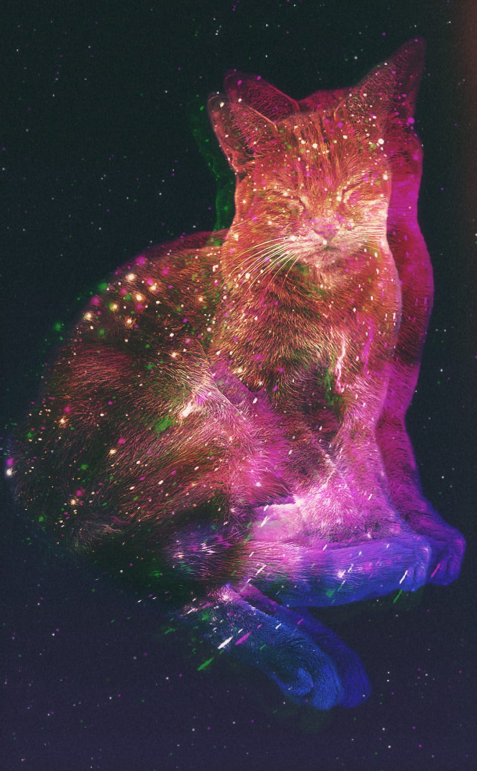 Dreamy, surreal, spacey picture of a tabby cat with a spacey, galaxy pattern superimposed