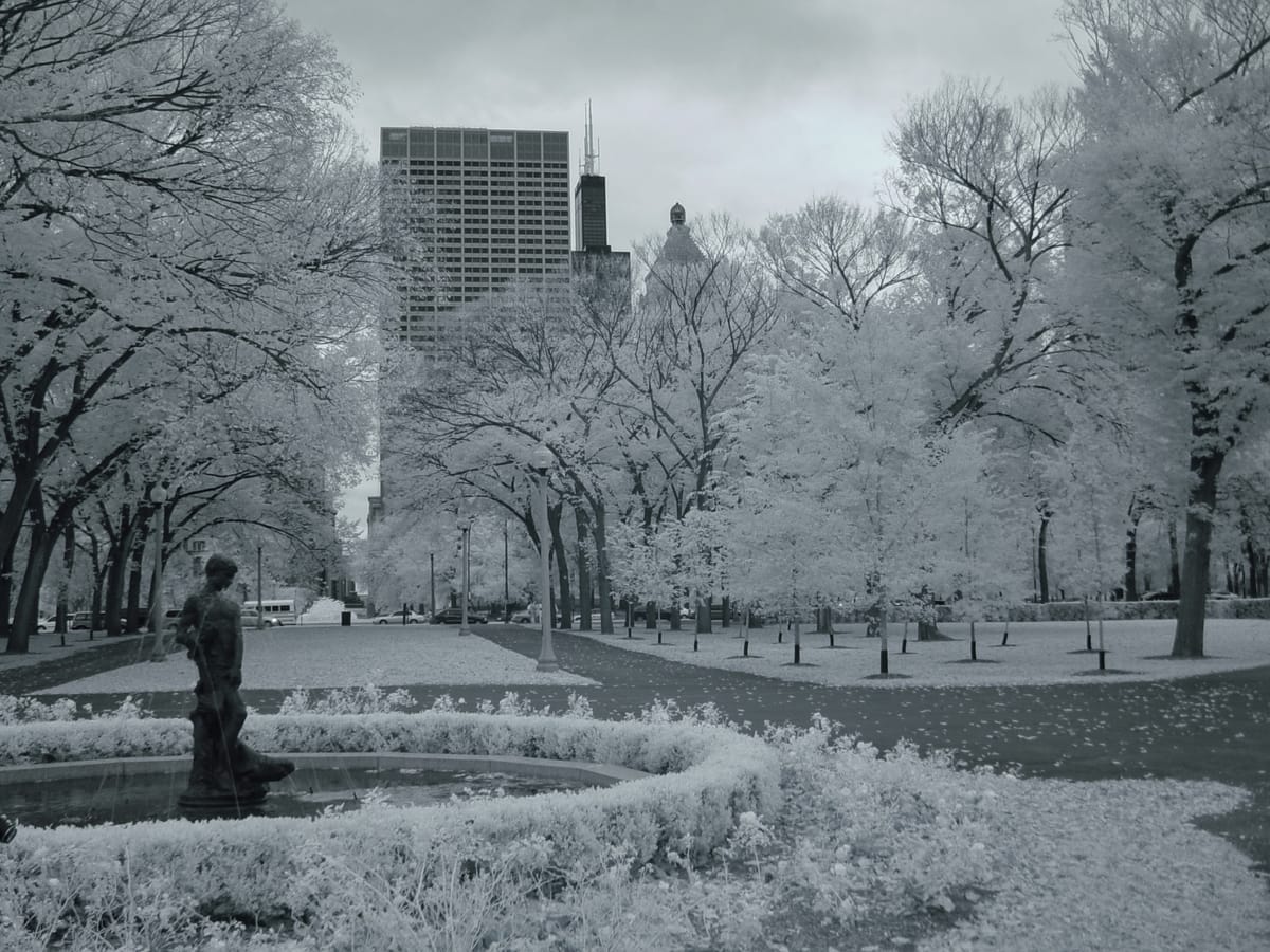 Infrared image of downtown Chicago park with fountain and small dark statue in front, Sears Tower visible in the background