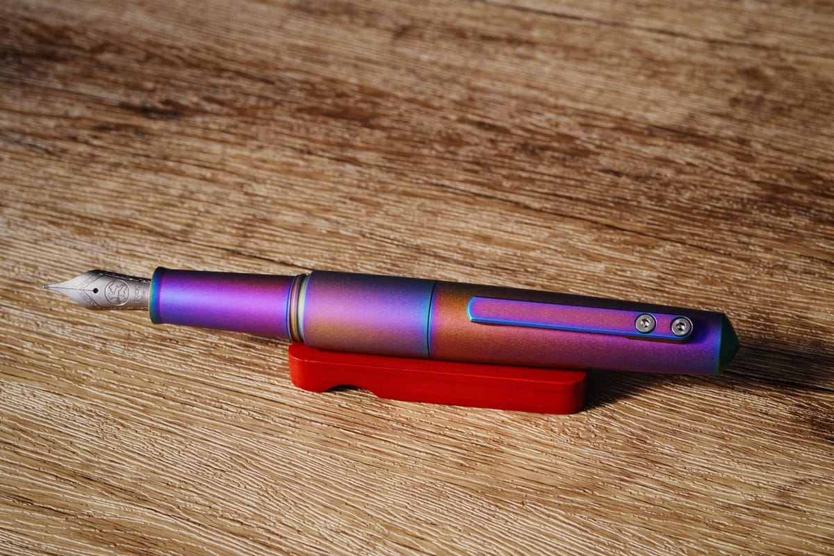 A metal fountain pen, open on a wooden pen rest, with a rainbow anodized colorway