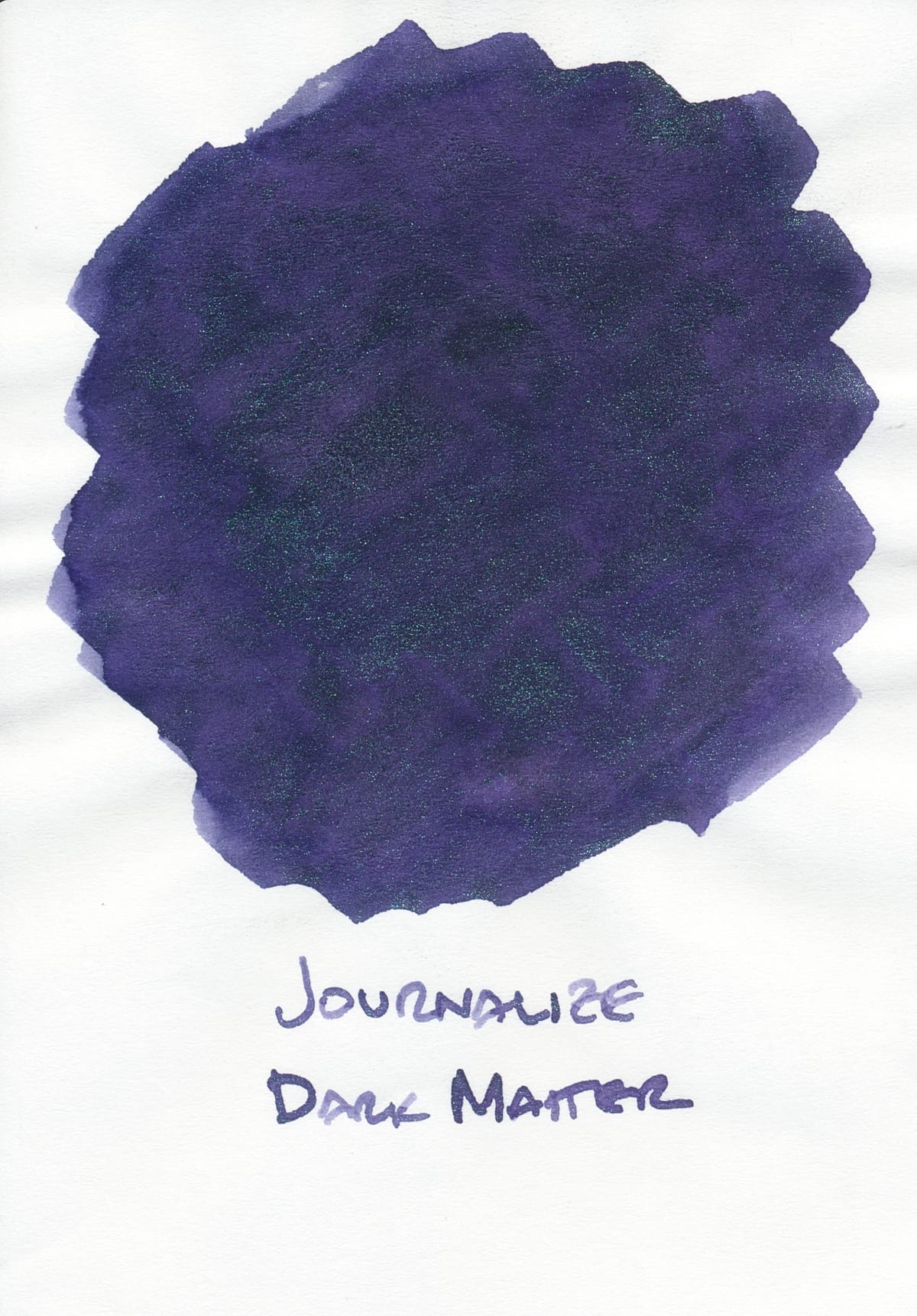 Dark, cool purple with dark green shimmer ink swatched on white paper, labeled Journalize Dark Matter