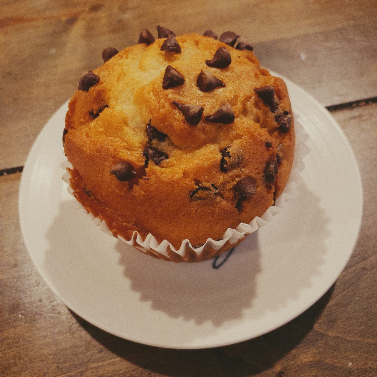 Angled overhead shot of a chocolate chip muffin sitting on an off-white plate on a wooden table