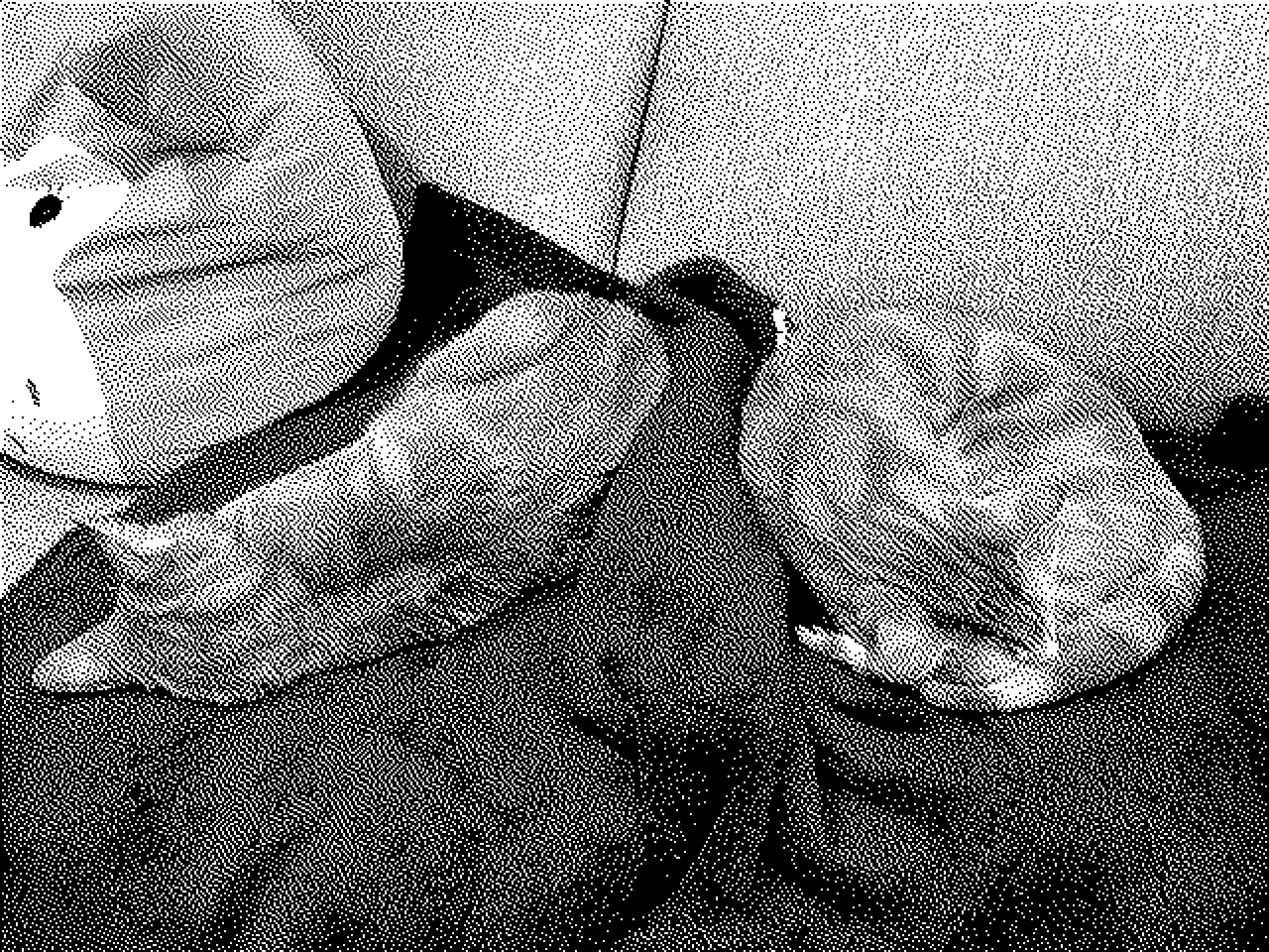 Low-res grayscale picture of two cats napping on a blanket on a couch, in the style of old Mac pixelated graphics