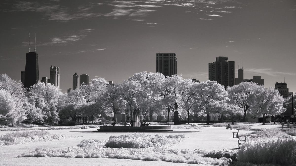 Infrared picture of a park area with a fountain and trees obscuring downtown Chicago's skyscrapers