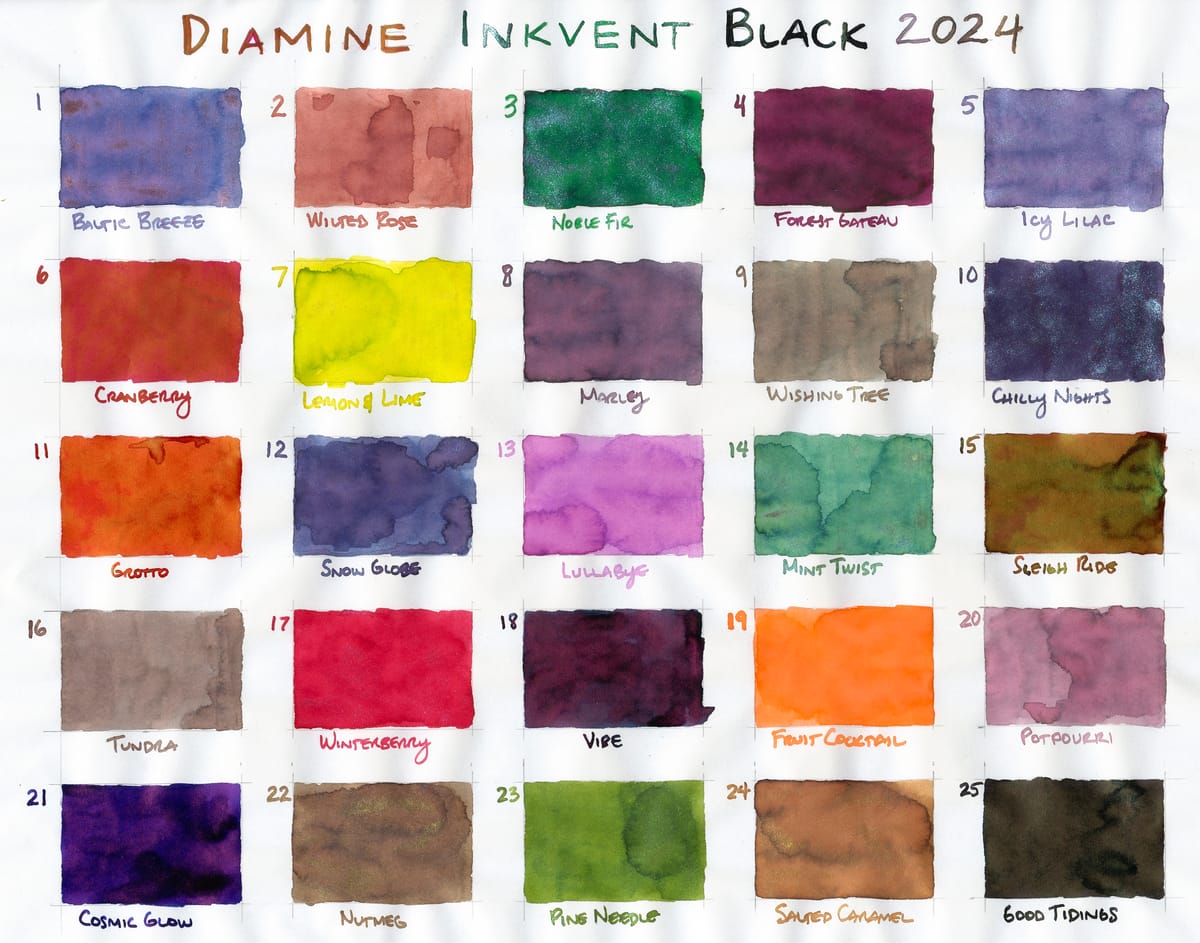 All 25 Diamine Inkvent ink swatches on one page in a 5x5 rectangle layout, inks swatched as rectangles, labeled underneath