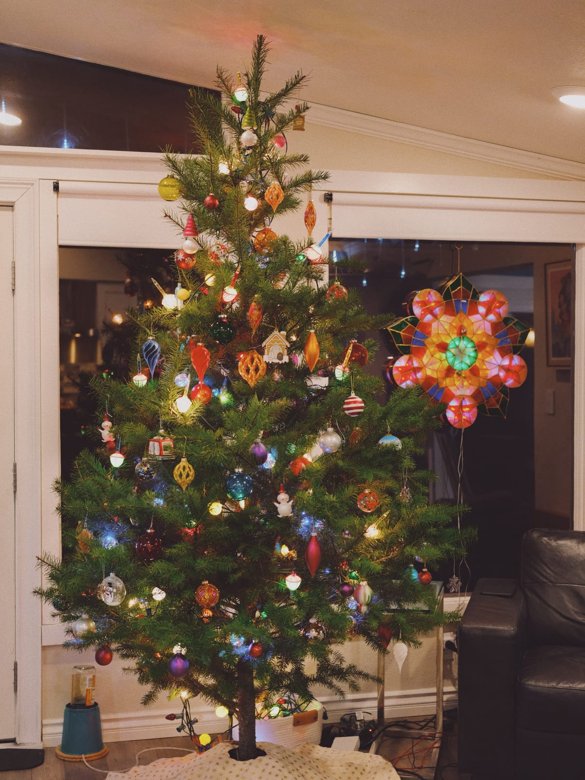 A lit and decorated Christmas tree in front of a couple windows, a Filipino parol hanging in the window to the right