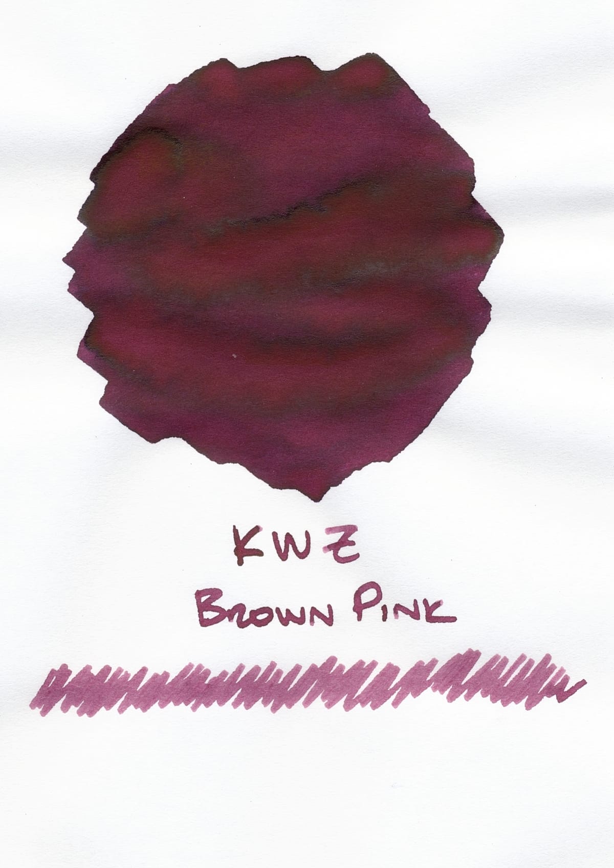 Swatch of burgundy fountain pen ink with a hint of brown, labeled "KWZ Brown Pink"