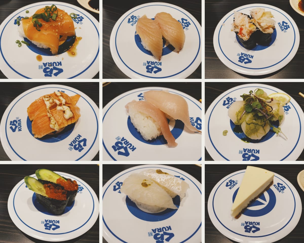 Collage of 9 plates of food from a conveyor belt sushi restaurant -- 8 different sushi selections, small slice of cheesecake