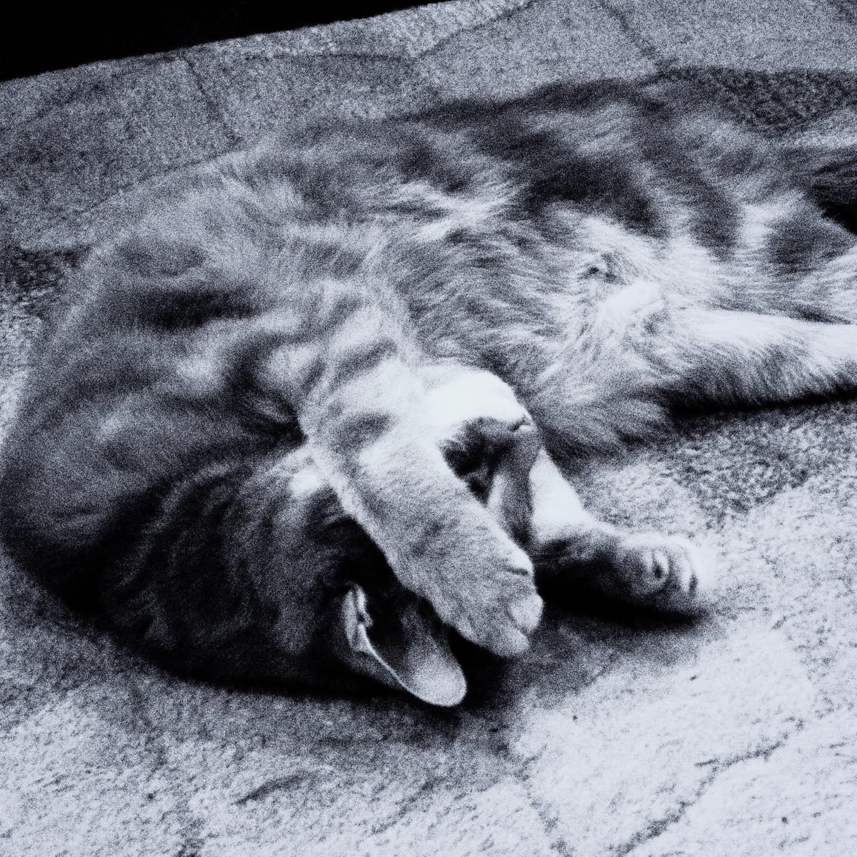 Grainy black and white picture of a cat lying on a rug with his paws covering both sides of his upside-down face