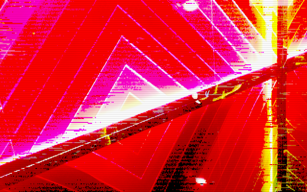 A computer glitchy image of a vivid red, pink, and yellow geometric design of concentric squares in diamond pattern