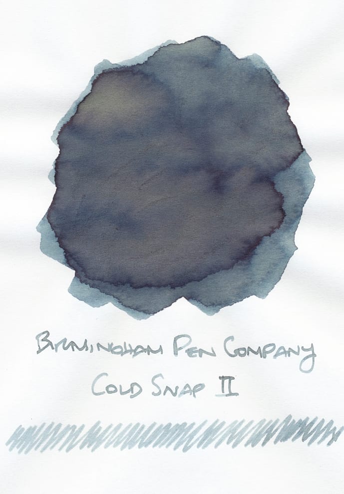 Fountain pen ink swatch of a cool dusky blue with green undertones, labeled "Birmingham Pen Company Cold Snap II"